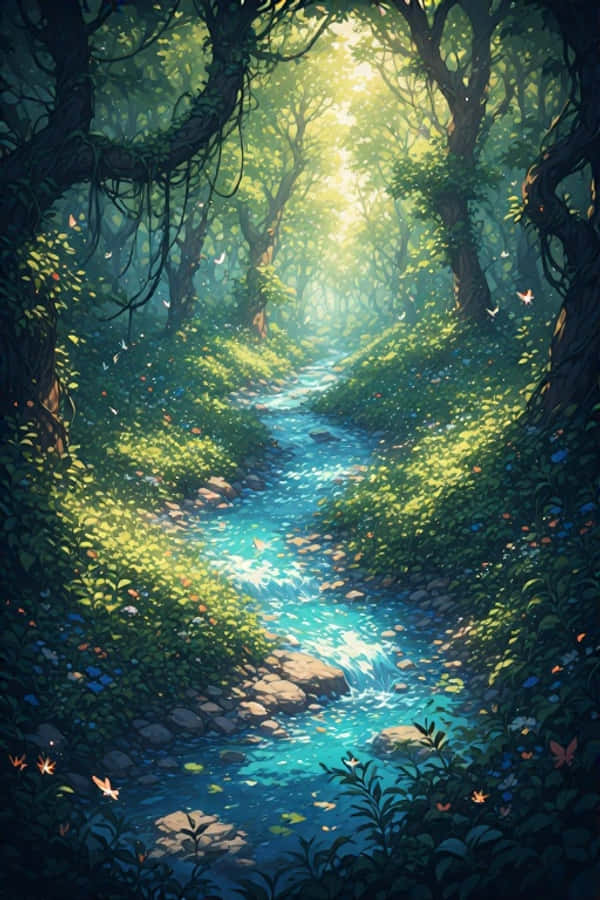 Anime Vahşi Yeşil Ormanda Canlı Doğa Nehri 4K Duvar Kağıdı