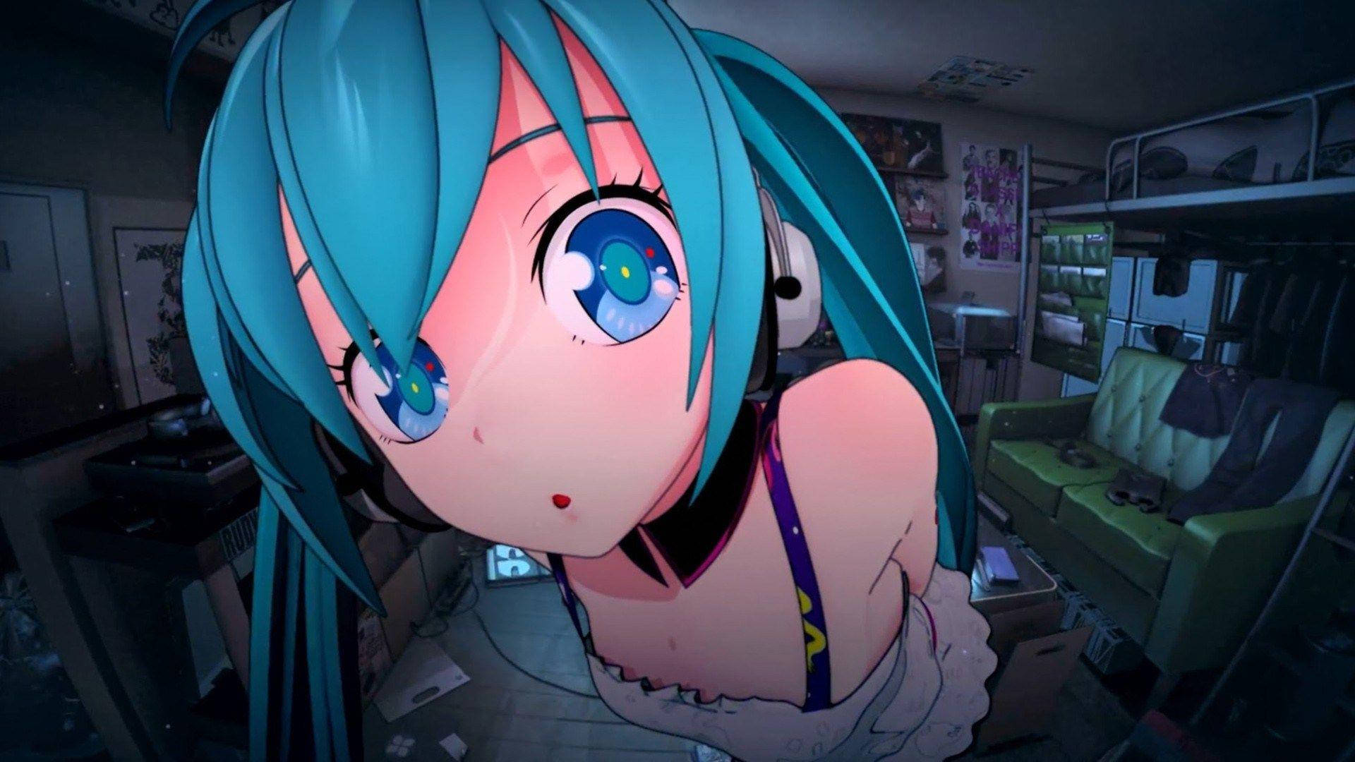 Anime Waifu Hatsune Miku Kameraya Bakıyor Duvar Kağıdı