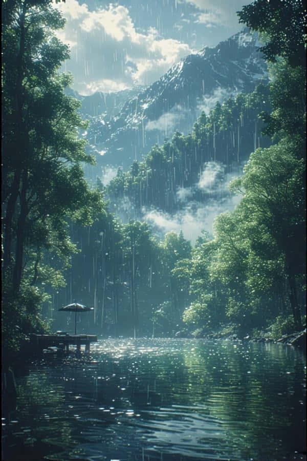 Anime Yağmurlu Yeşil Ormanda Huzurlu Doğa Gölü 4K Duvar Kağıdı