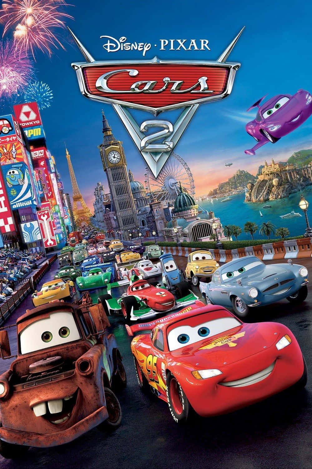 Arabalar 2 film afişi, arabalar ve havai fişeklerle Duvar Kağıdı