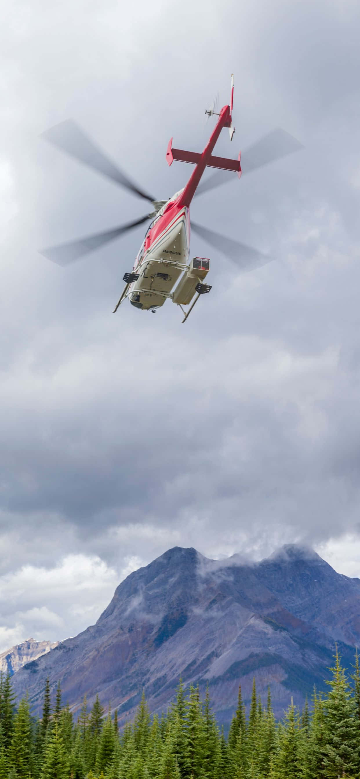 arkasında dağlar olan bir ormanın üzerinde uçan bir helikopter Duvar Kağıdı