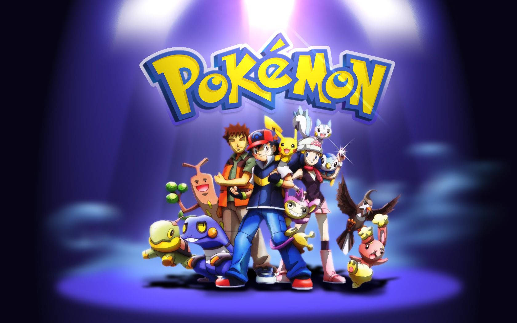 Ash, Misty, Brock, Pikachu ve diğer Pokemon karakterleri.