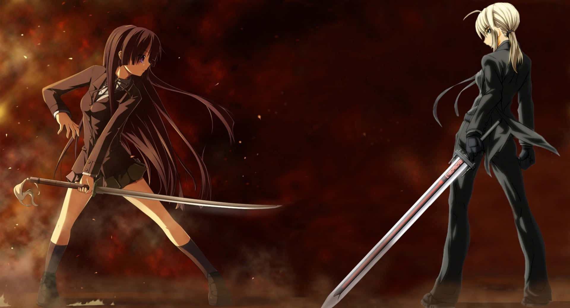 Ateşin önünde kılıçlı iki anime kızı Duvar Kağıdı