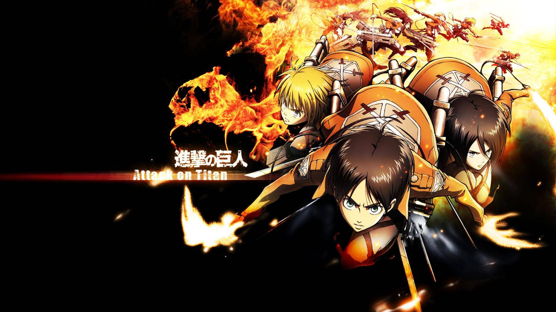 Attack On Titan animesinden alevli ateş izi duvar kağıdında Eren, Mikasa ve Armin