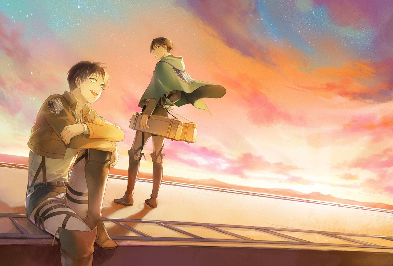 Attack on Titan'ın kahraman ikilisi Eren ve Levi, yıldızlı bir gecede bir an duruyor. Duvar Kağıdı