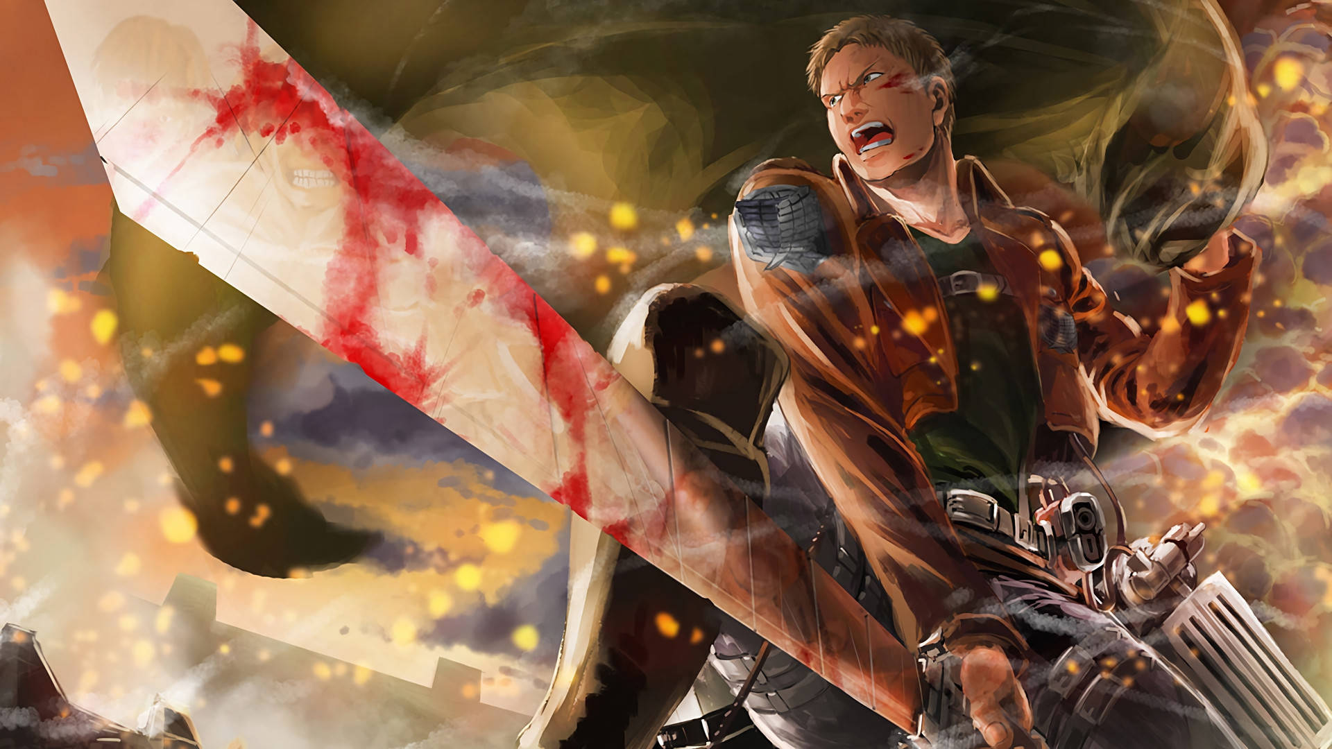 Attack on Titan hayran sanatı duvar kağıdında kanlı bir kılıç tutan Keşif Birliği üniformasıyla Reiner Braun