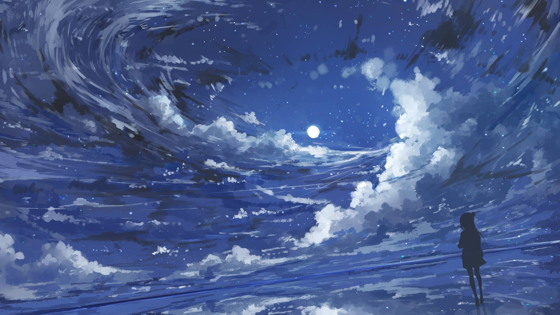 Ay 4K Anime Kızı Bulutlu Gökyüzü — Anime manzara GIF Duvar Kağıdı