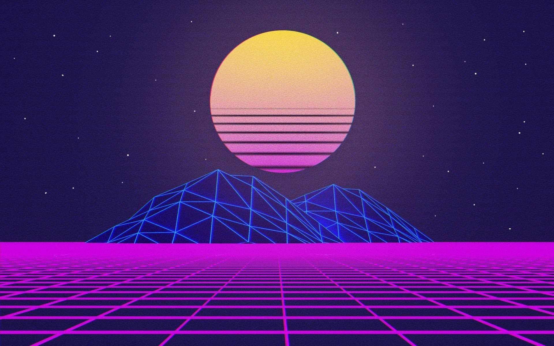 Bağımsız Estetik Dizüstü Bilgisayar Neon Dağda Ay Duvar Kağıdı