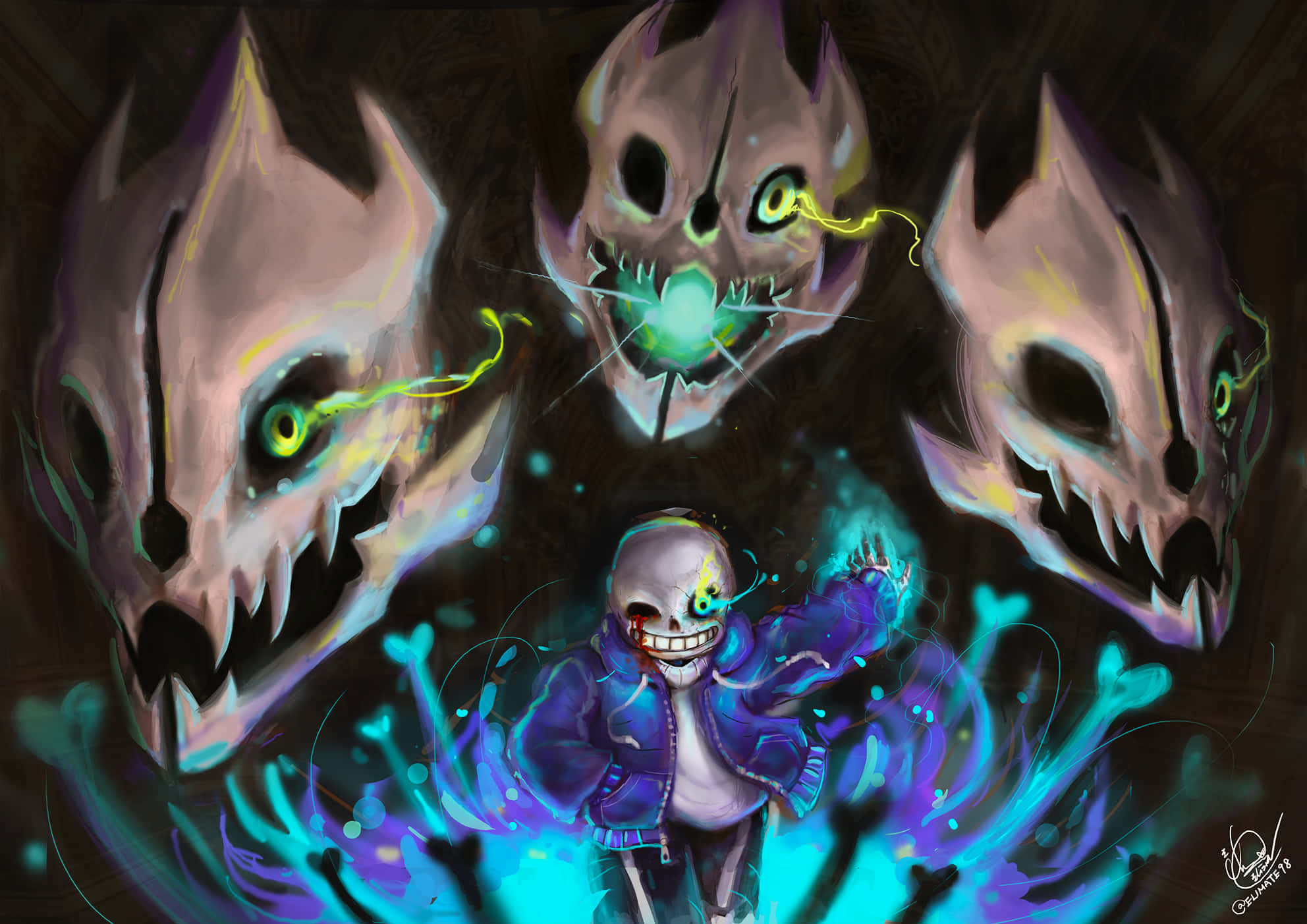 Bağımsız RPG oyunu Undertale'den Sans sinsi bir sırıtışla. Duvar Kağıdı