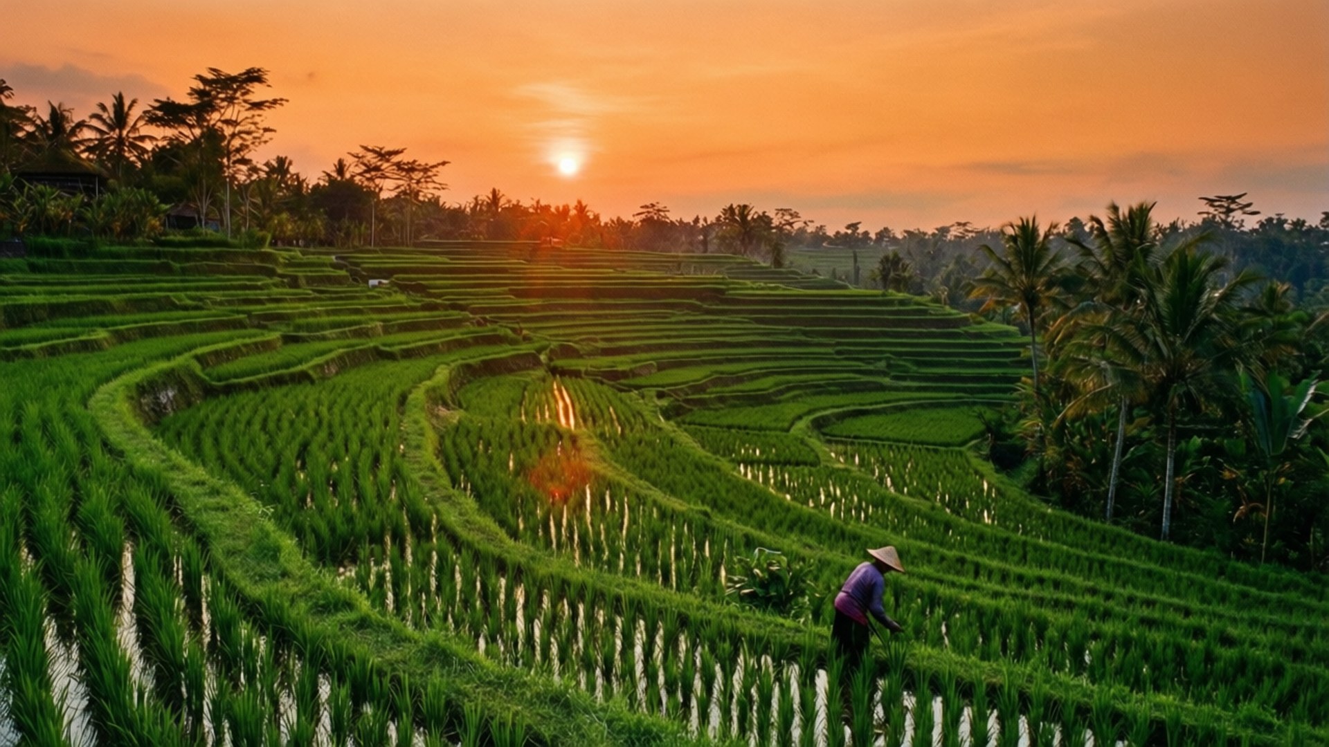 Bali Pirinç Terasları Gün Batımı Duvar Kağıdı