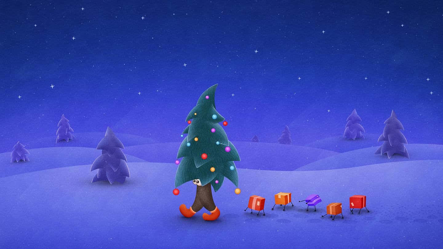 Basit bir Noel arka planı, şenlikli ışıklar, bir çam ağacı ve bir çelenk Duvar Kağıdı