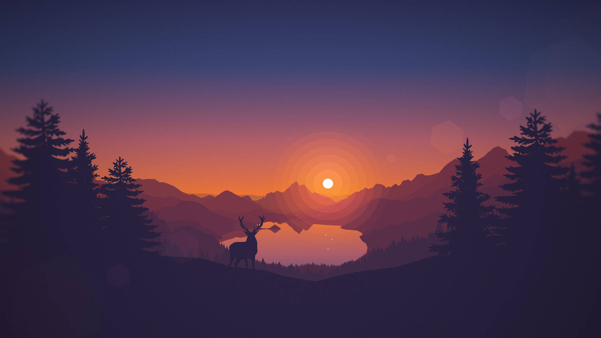 Gün batımında çam ağacı, dağlar ve geyik minimalist duvar kağıdı