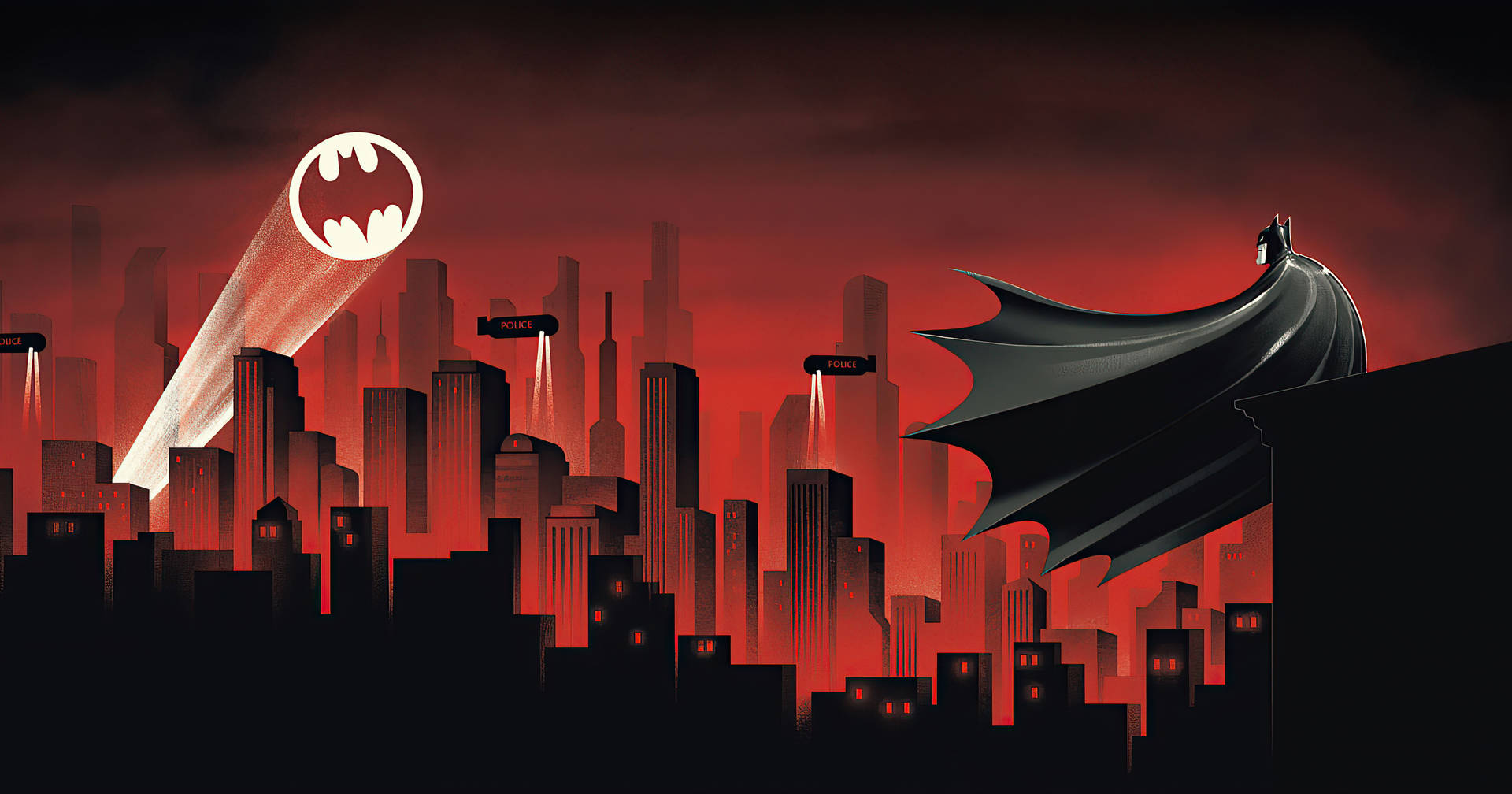 Batman Animasyonu Kırmızı Şehir Spot Işığı Masaüstü Duvar Kağıdı