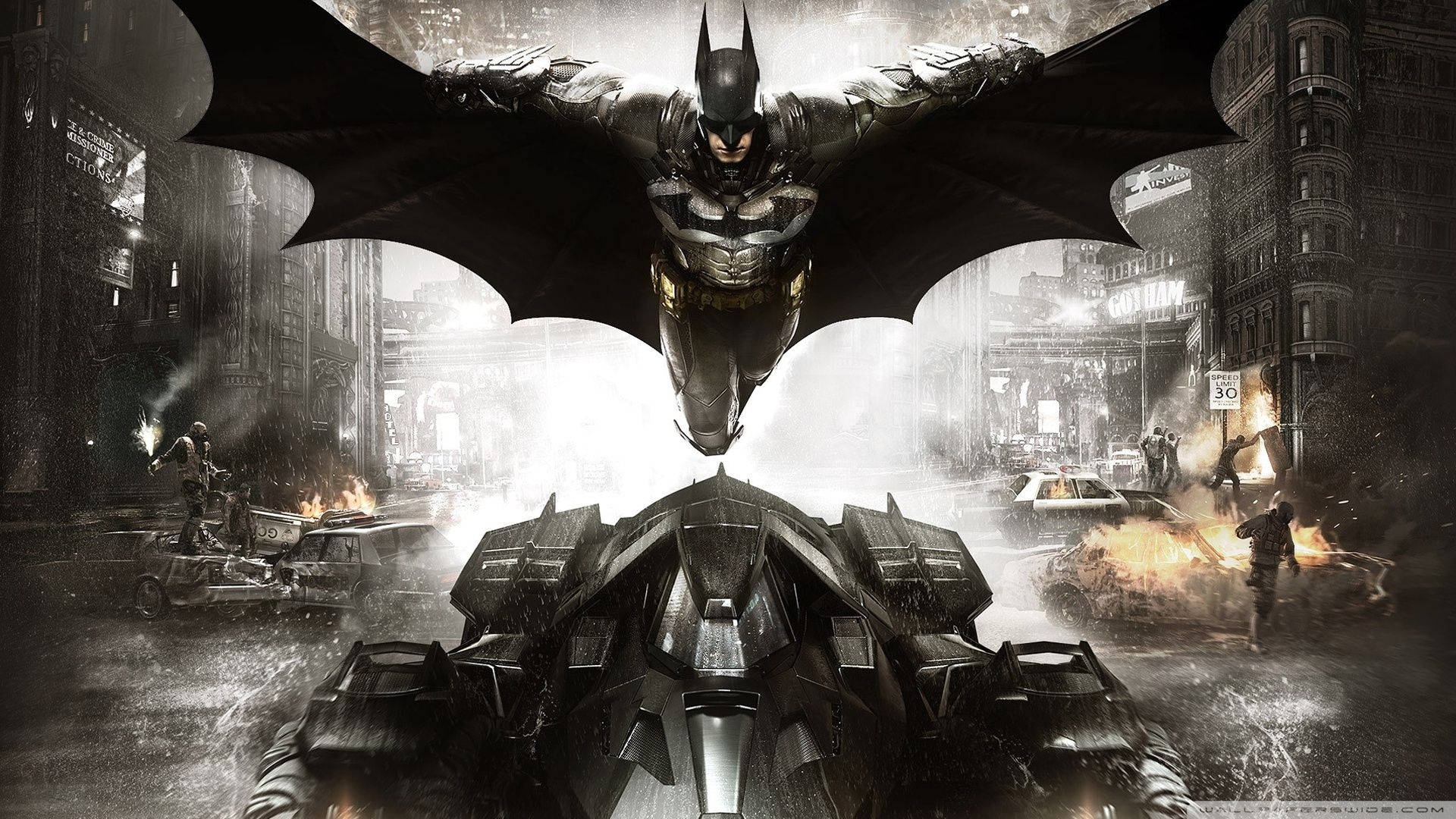 Batman Batmobile üzerinde uçuyor duvar kağıdı