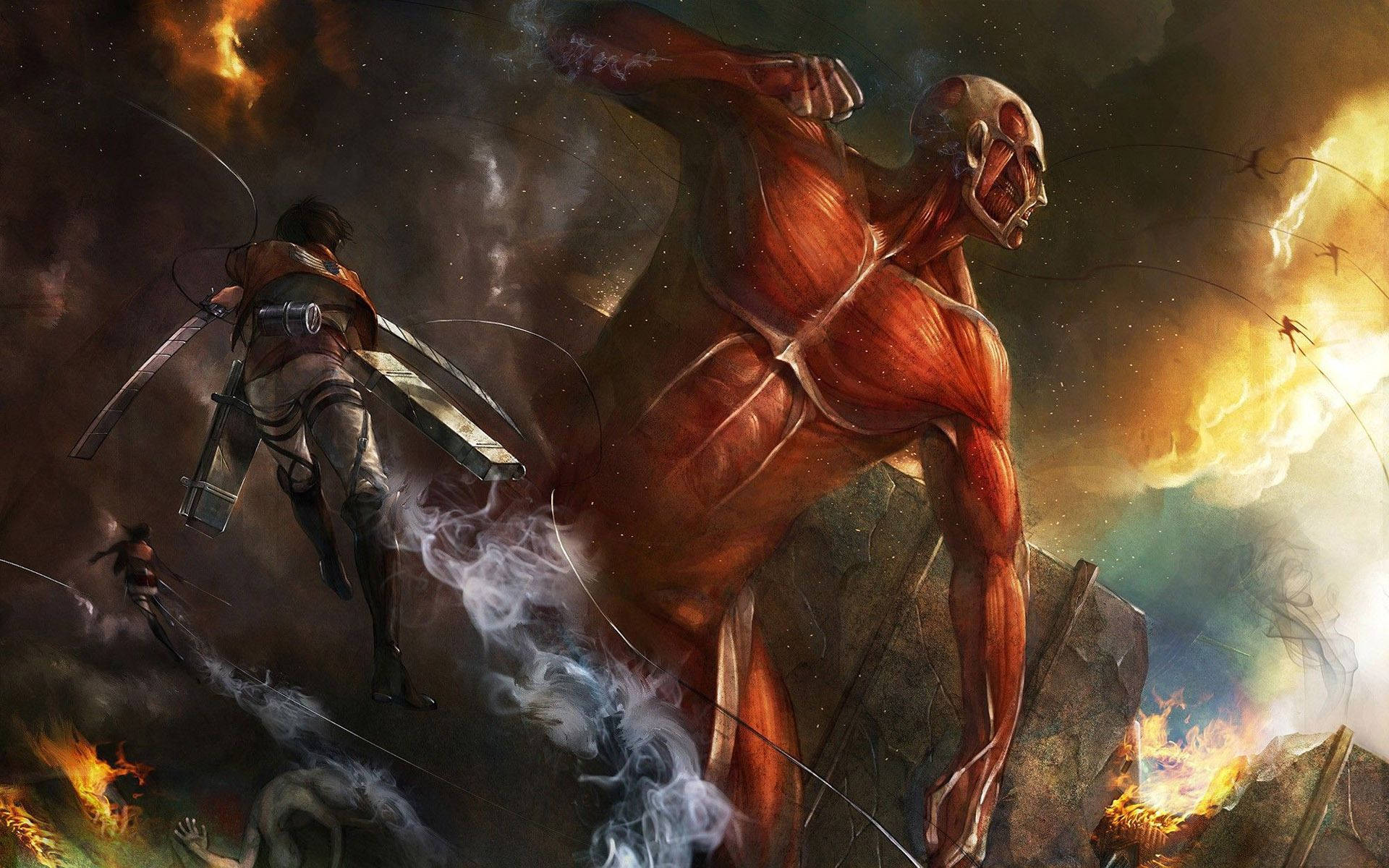 Keşif Birliği ve Garnizon ordusu, Attack on Titan hayran sanatı duvar kağıdında devasa Kolosal Titan ile savaşıyor.