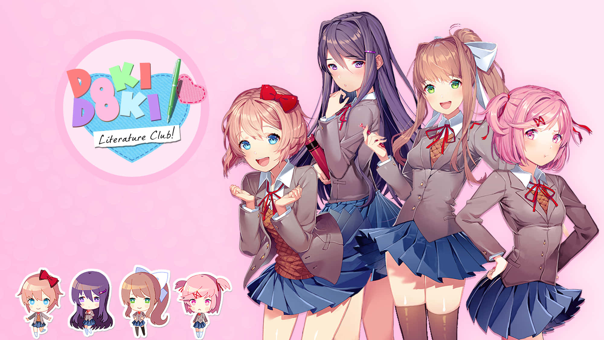 Beyaz Arka Planlı Ddlc Kızları ve Logo Duvar Kağıdı