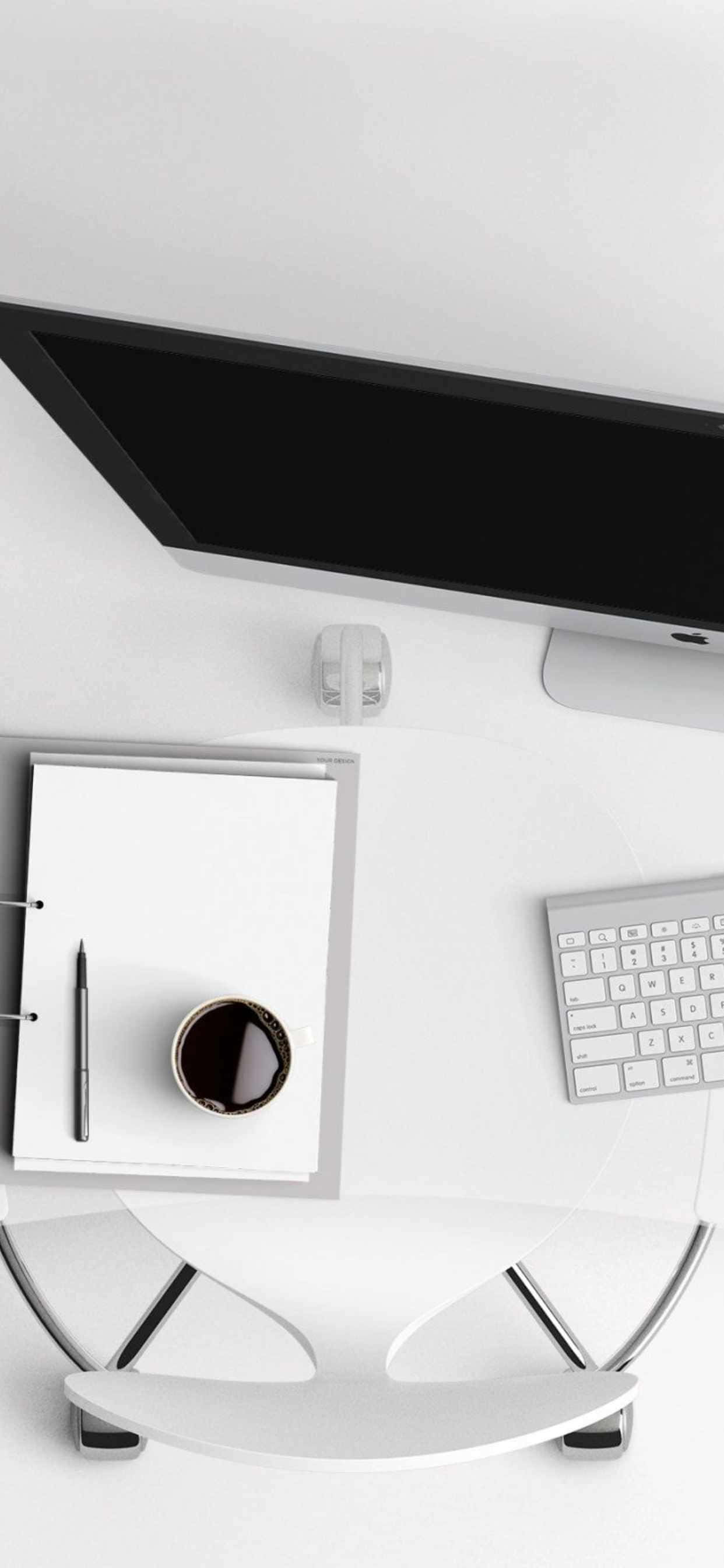 monitör, klavye ve bir fincan kahve bulunan beyaz bir masa Duvar Kağıdı