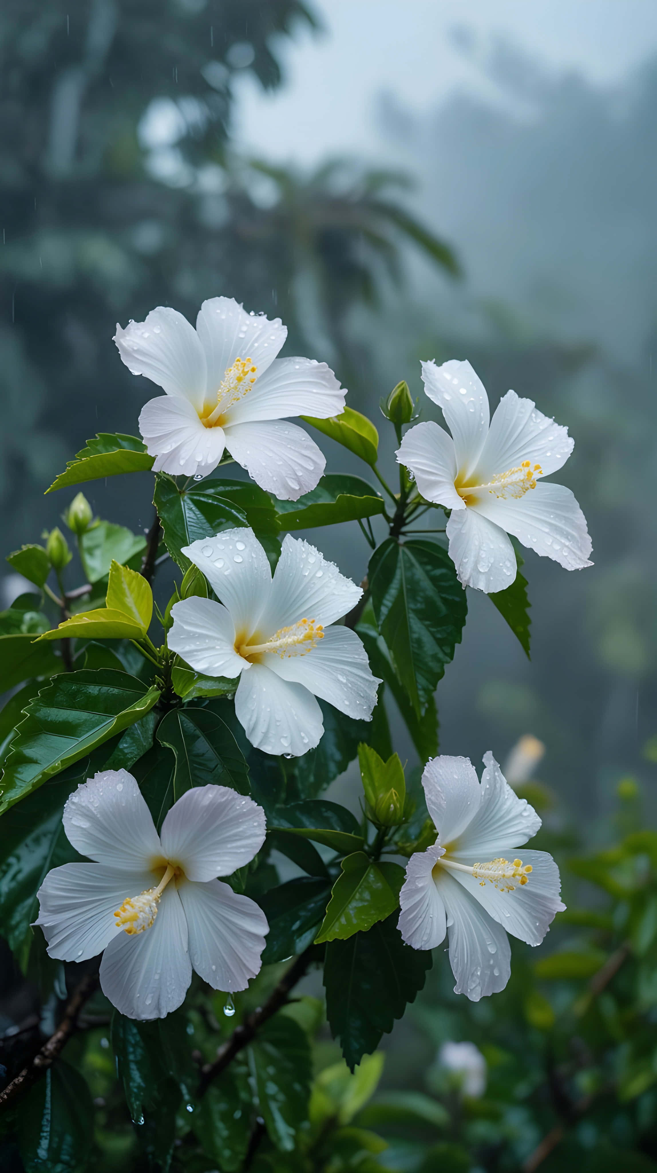 Beyaz Hibiskus Çiçekleri Açıyor Duvar Kağıdı