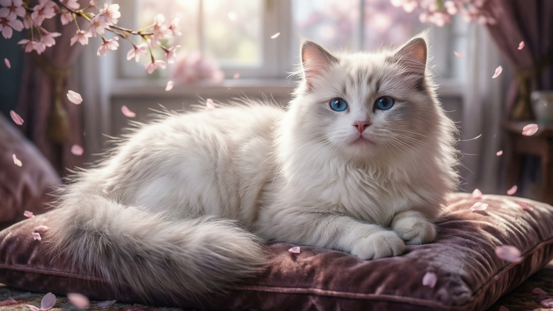 Beyaz Kedi Çiçek Açmış Duvar Kağıdı