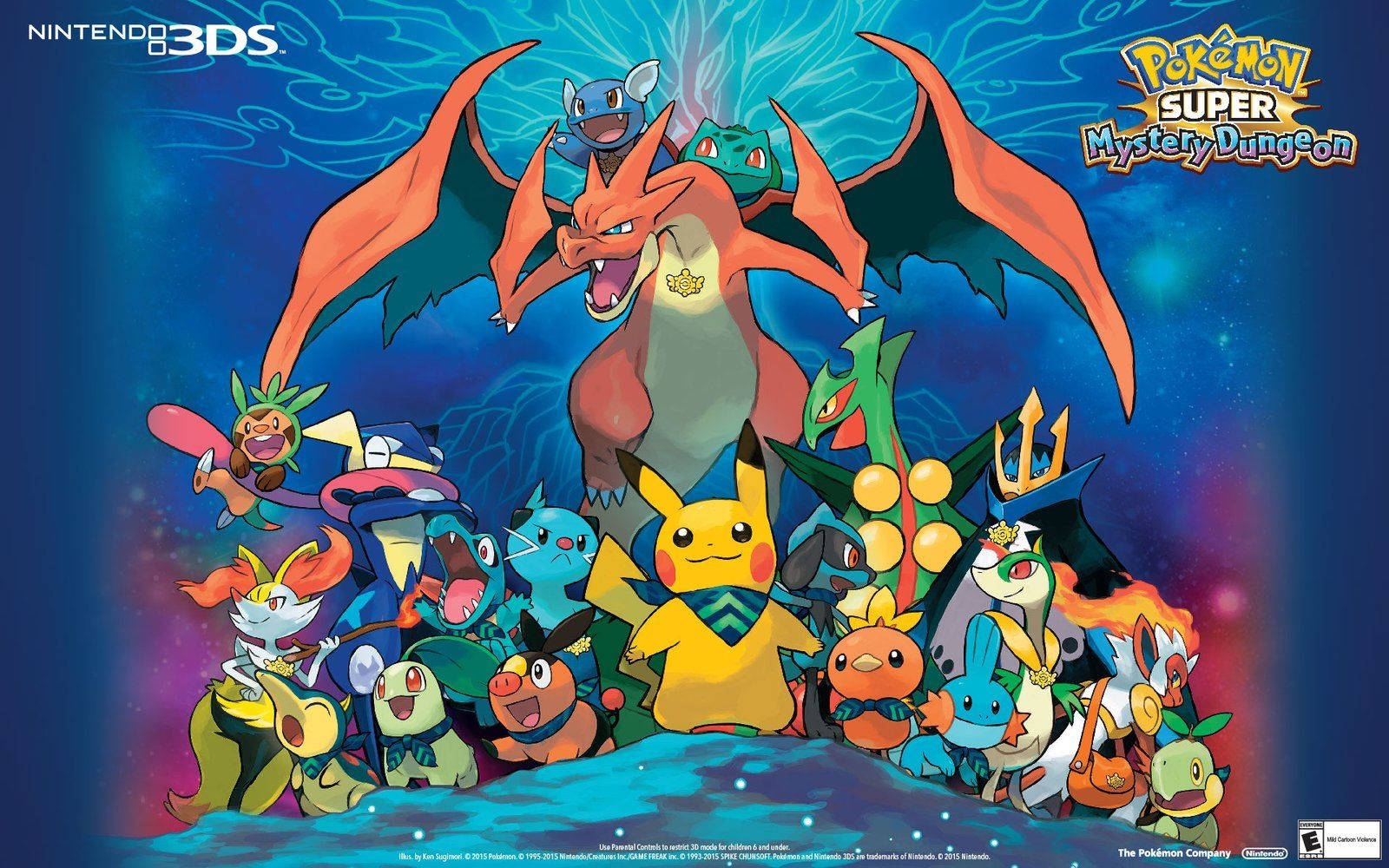 Pokemon Pikachu, Bulbasaur, Ivysaur, Charmeleon, Charizard ve Squirtle, gizemli zindandaki diğer pokemonlarla birlikte.