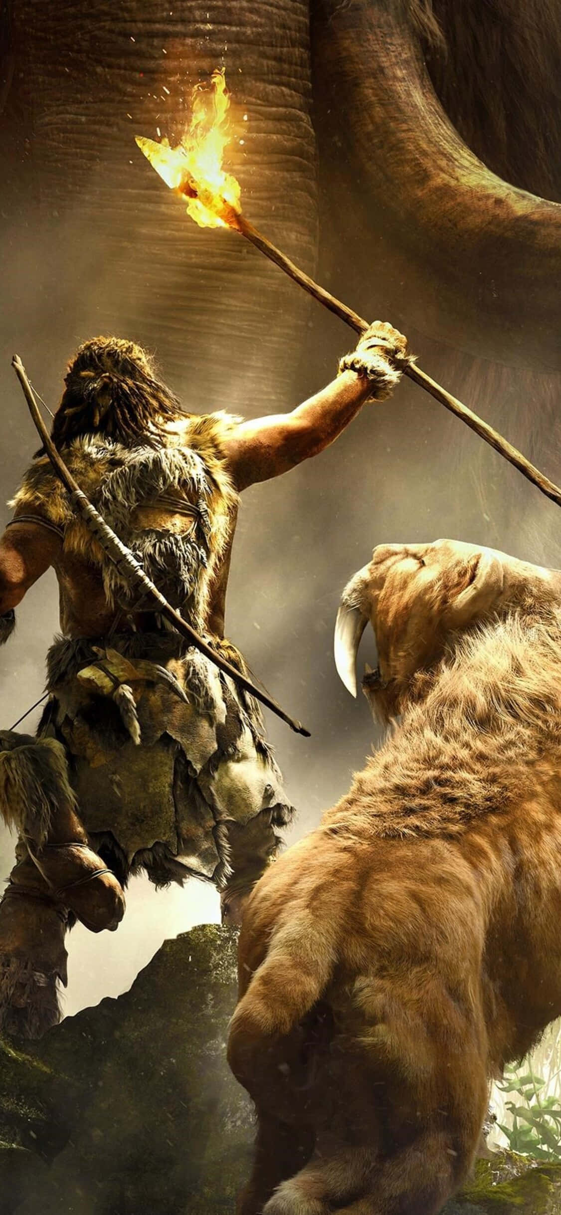 bir adam bir mamut ve bir ayı ile savaşıyor Duvar Kağıdı