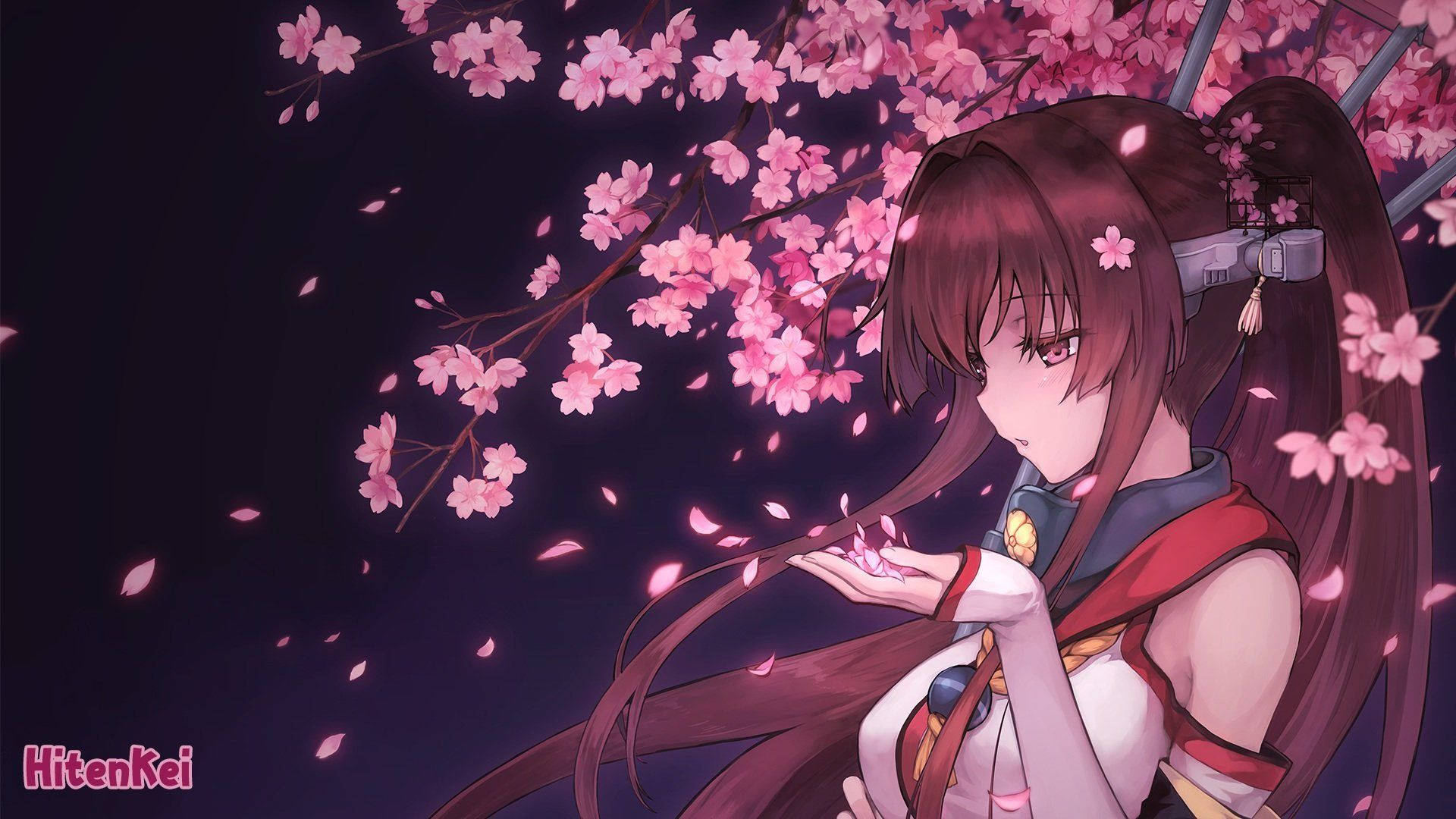 Bir anime kızı çiçek açan bir sakura ağacının altında duruyor. Duvar Kağıdı