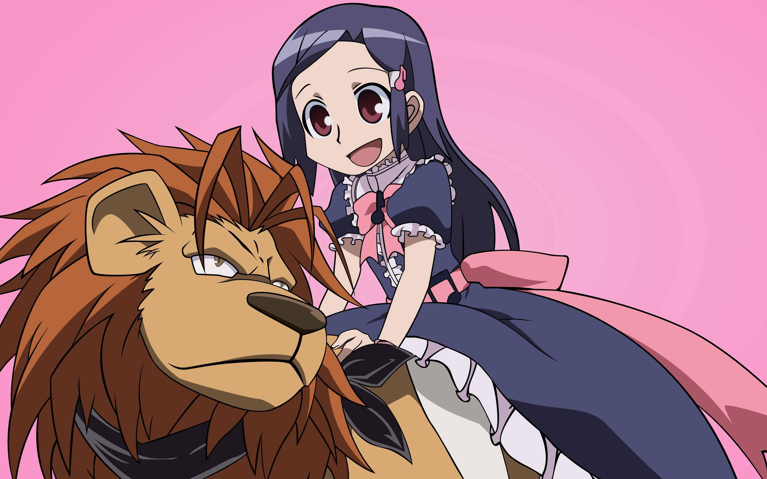 Bir Anime Kızının Gün Batımında Aslanla Yolculuğu Duvar Kağıdı