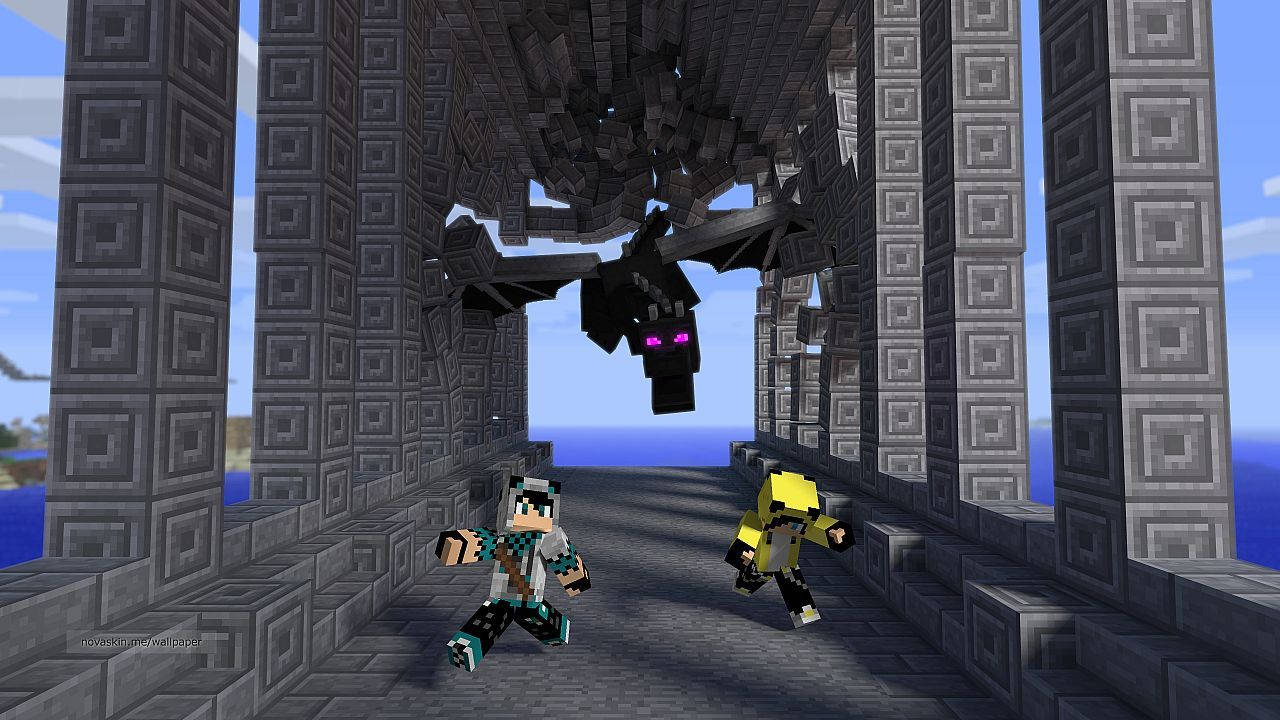 Bir düşman yaratık sürüsü, bir Minecraft köyünden oyuncuyu kovalıyor. Duvar Kağıdı