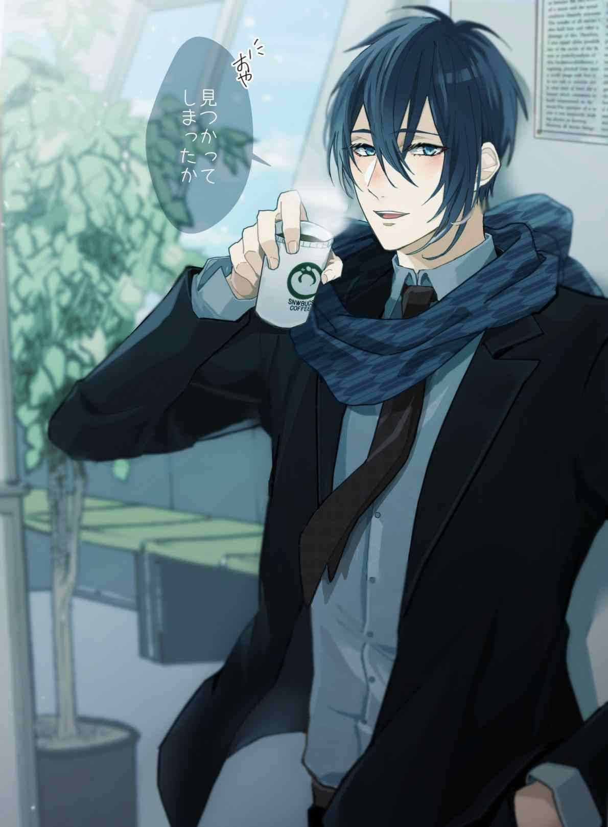 Bir fincan kahvenin tadını çıkaran bu yakışıklı anime çocuğu mutlu. Duvar Kağıdı