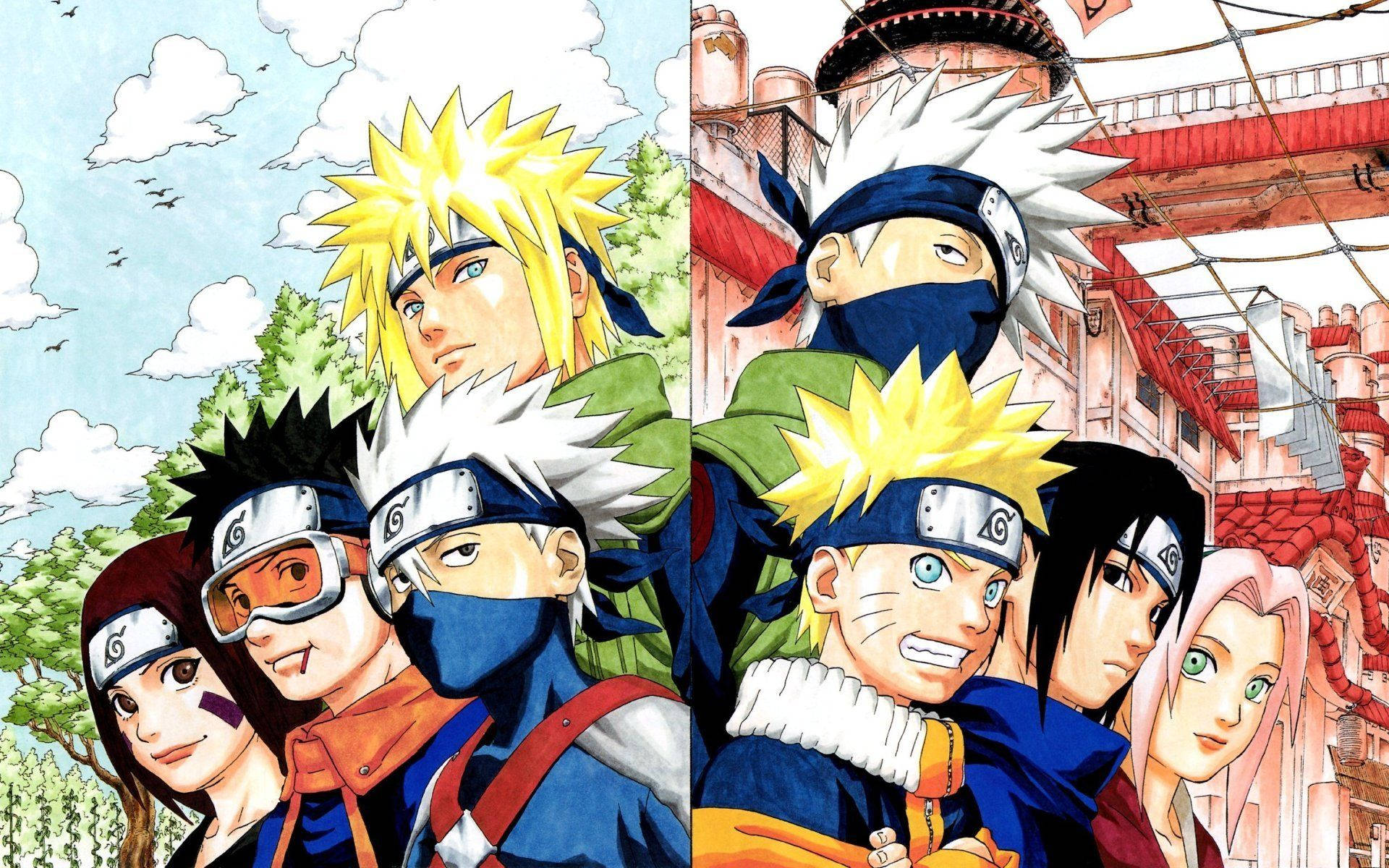Minato ekibiyle ve Kakashi ekibiyle, Naruto, Sasuke ve Sakura.