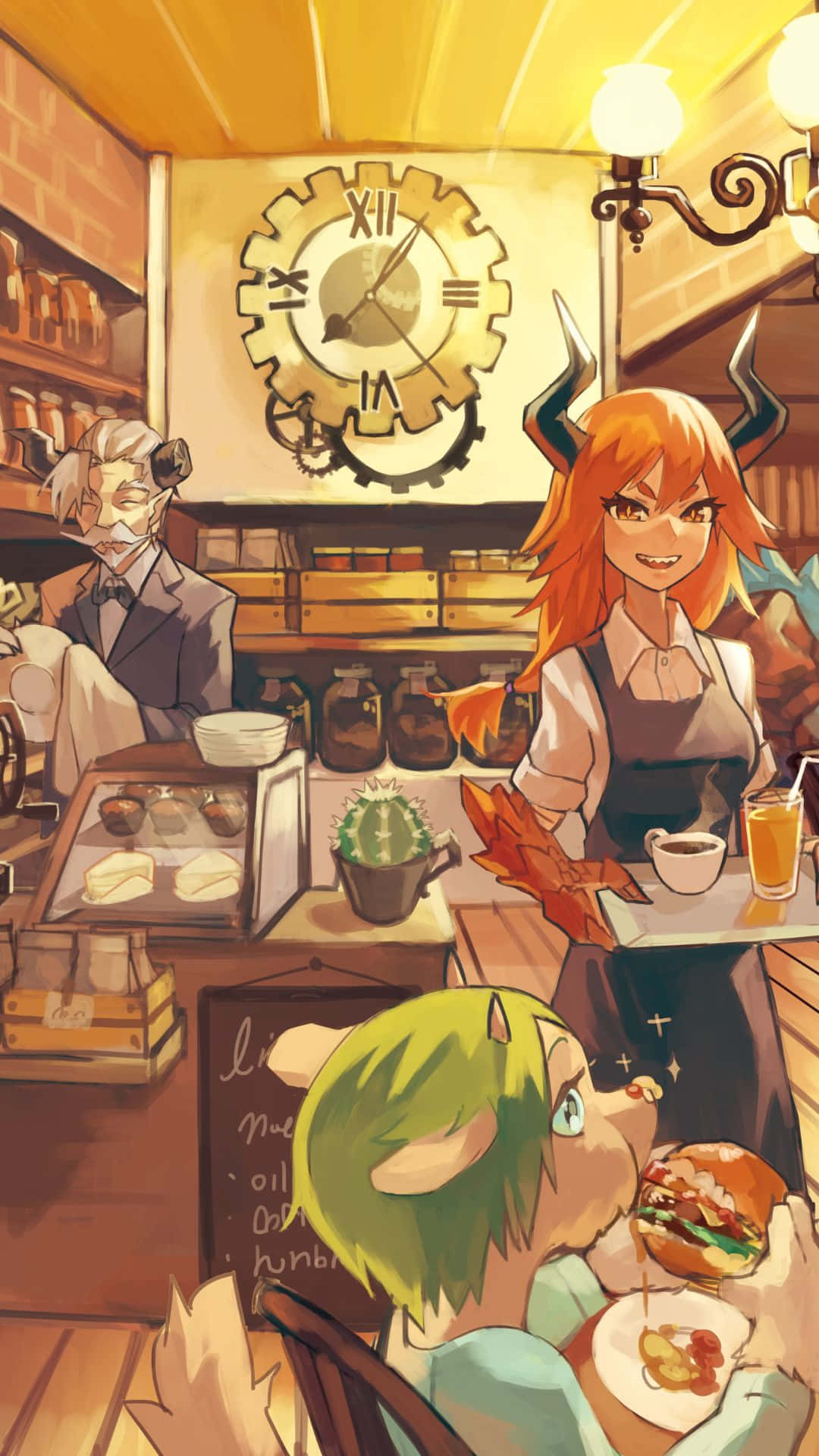 bir kafenin içinde yemek servisi yapan bir kadının karikatürü Duvar Kağıdı