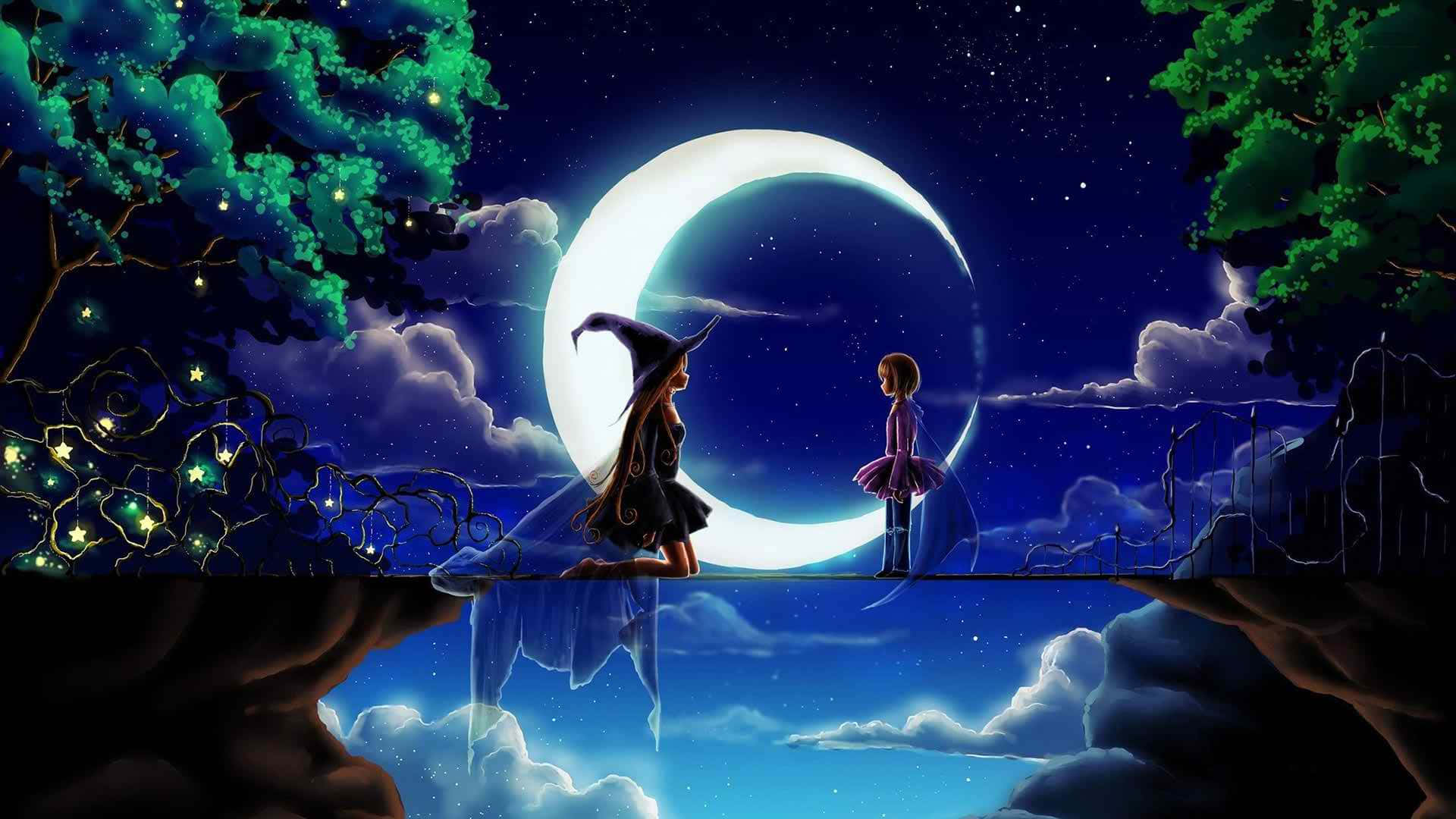 bir kız ve bir erkek gece vakti bir köprüde duruyor Duvar Kağıdı