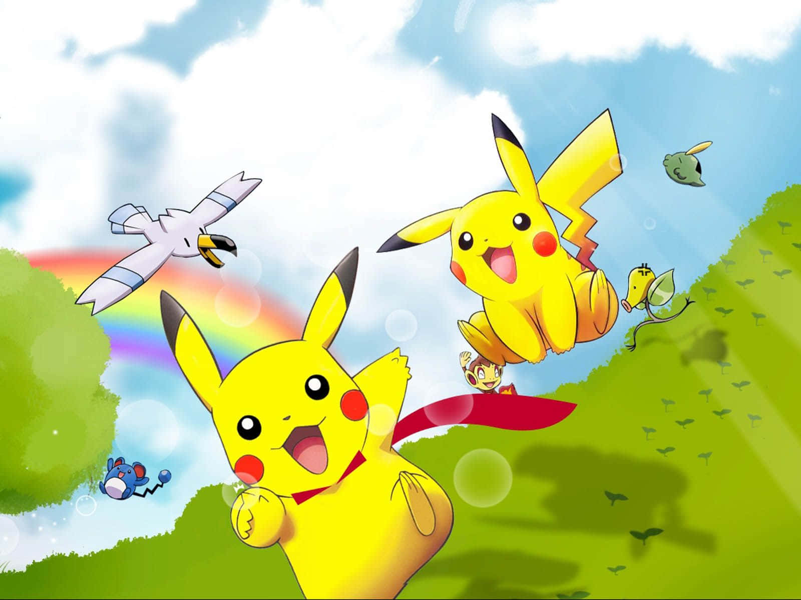 Bir Pikachu'yu pembe bir gökyüzüne karşı elinde tutmak Duvar Kağıdı