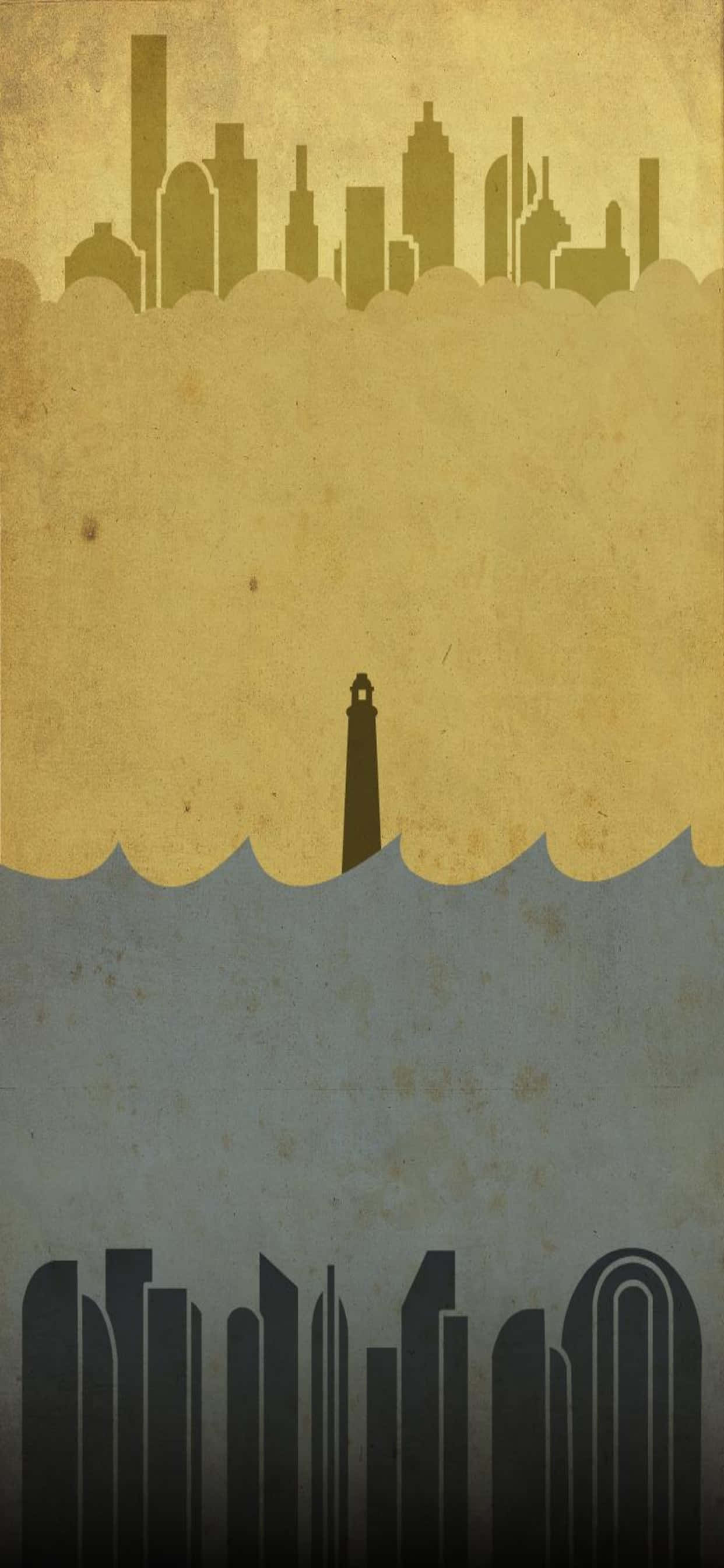 bir şehir ve bir deniz feneri olan bir poster Duvar Kağıdı
