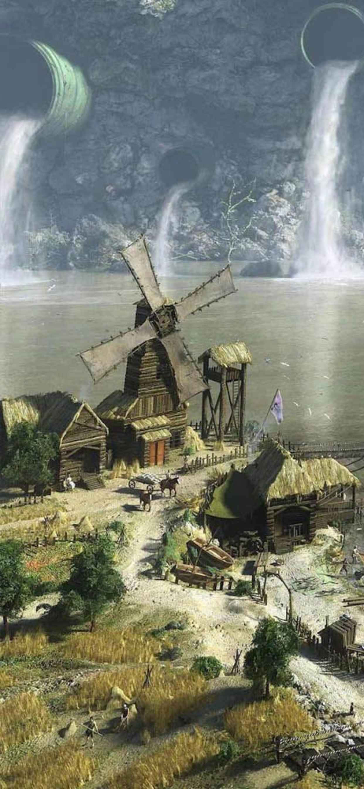 bir yel değirmeni ve bir şelale tablosu Duvar Kağıdı