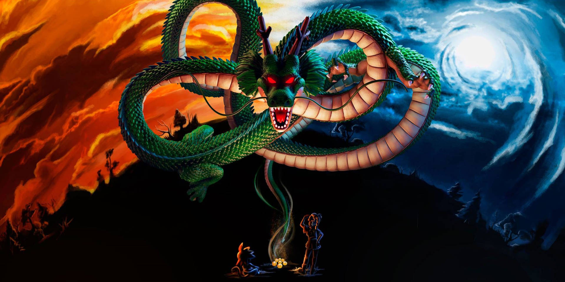 Dragon Ball Z süper broly korkunç kırmızı gözlü yeşil uzun ejderha Shenron, Namek gezegeninde. — Dragon ball z GIF Duvar Kağıdı