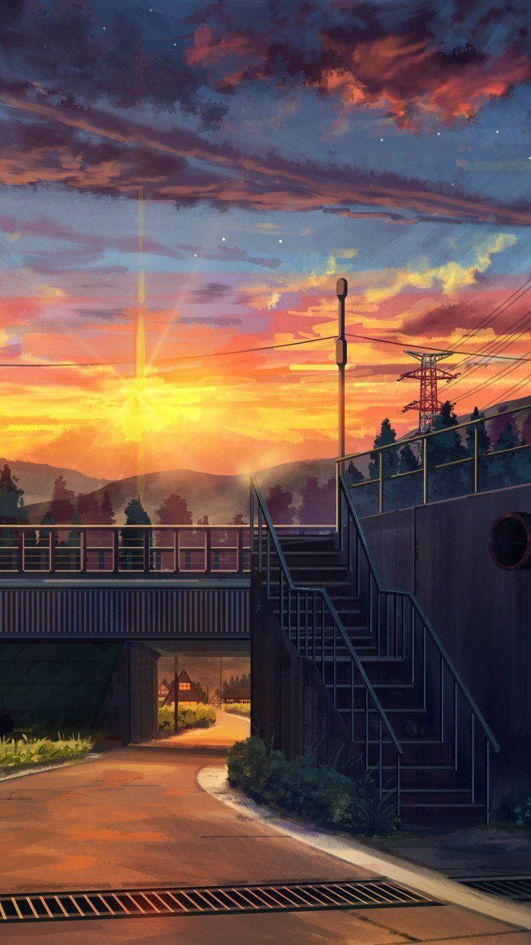 Boş Yol Köprüsü Anime Estetiği Gün Batımı — Anime manzara GIF Duvar Kağıdı