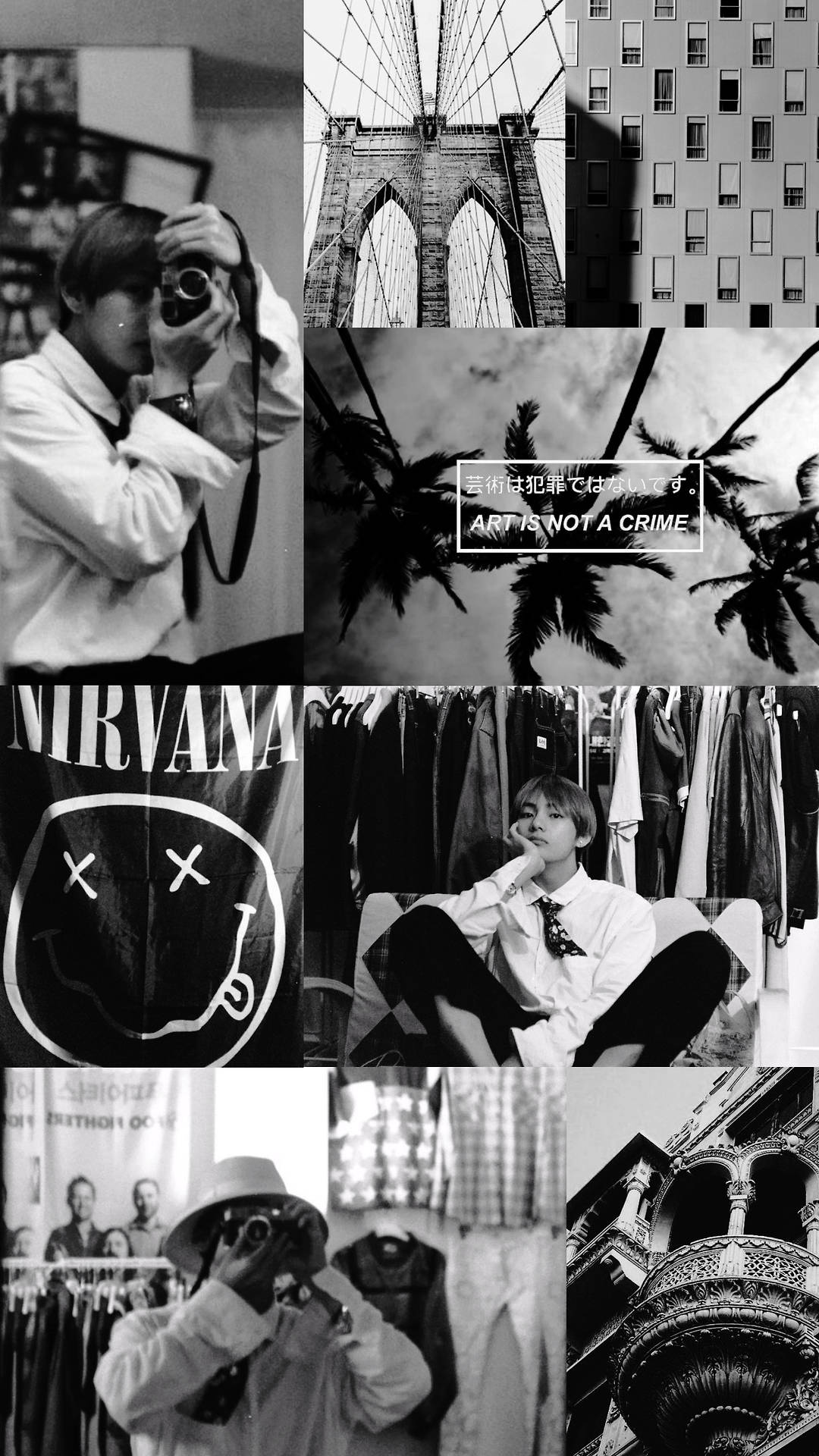 BTS Estetik Siyah Beyaz Kim Taehyung Duvar Kağıdı