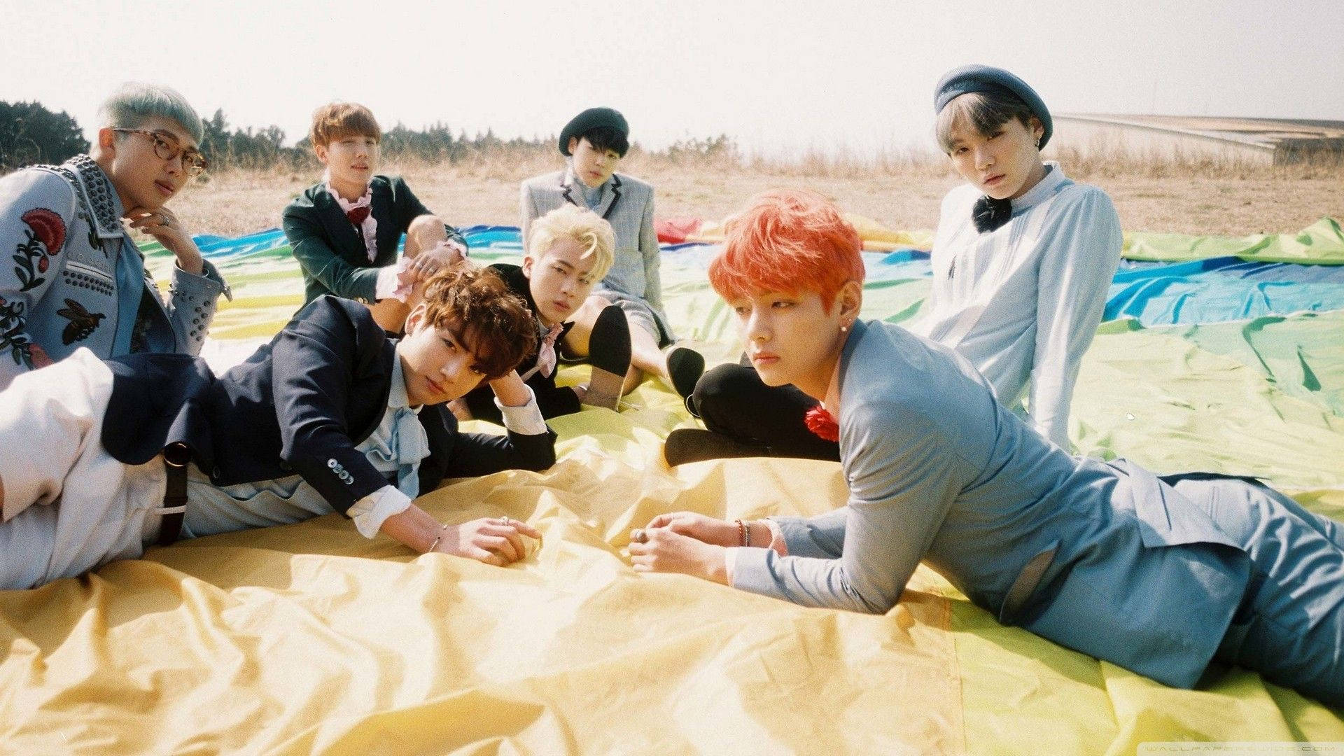 BTS Üyeleri Tarlada Dizüstü Bilgisayarla Uzanmış Duvar Kağıdı