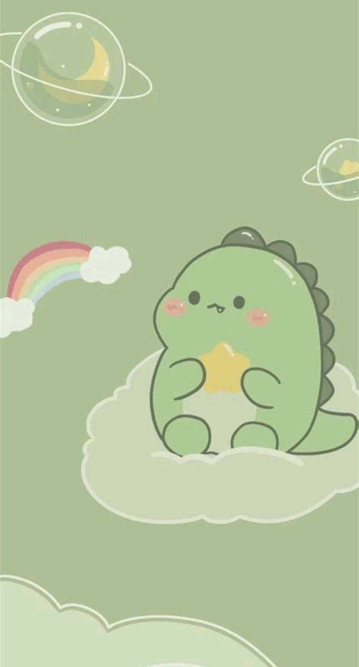 Bulutun Üzerinde Oturan Dino Kawaii iPhone Duvar Kağıdı