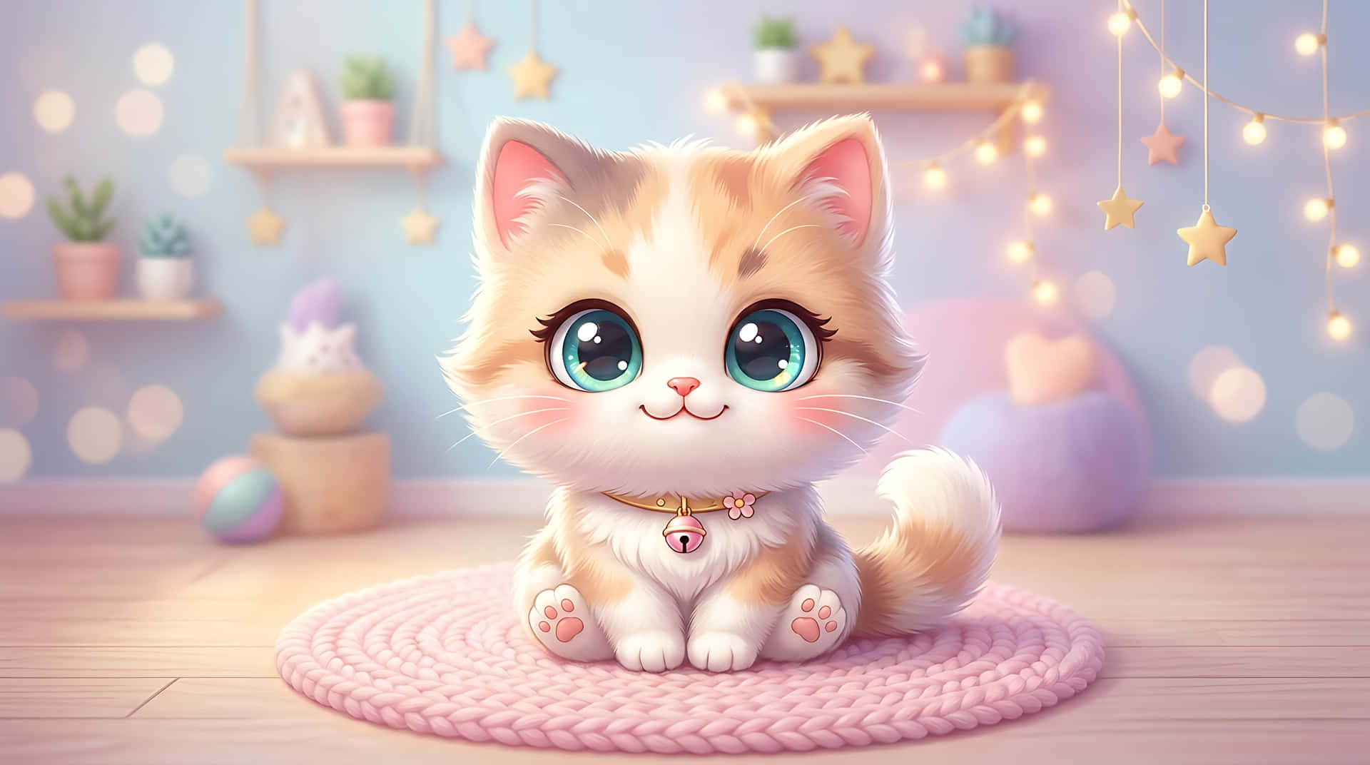 kedi yavrusu, kedi, chibi, kawaii, sevimli, illüstrasyon, karikatür, pastel, evcil hayvan, hayvan, büyük gözler, sevimli, peri ışıkları, rahat, oda, iç mekan, dijital sanat, 3d render, tatlı, tüylü