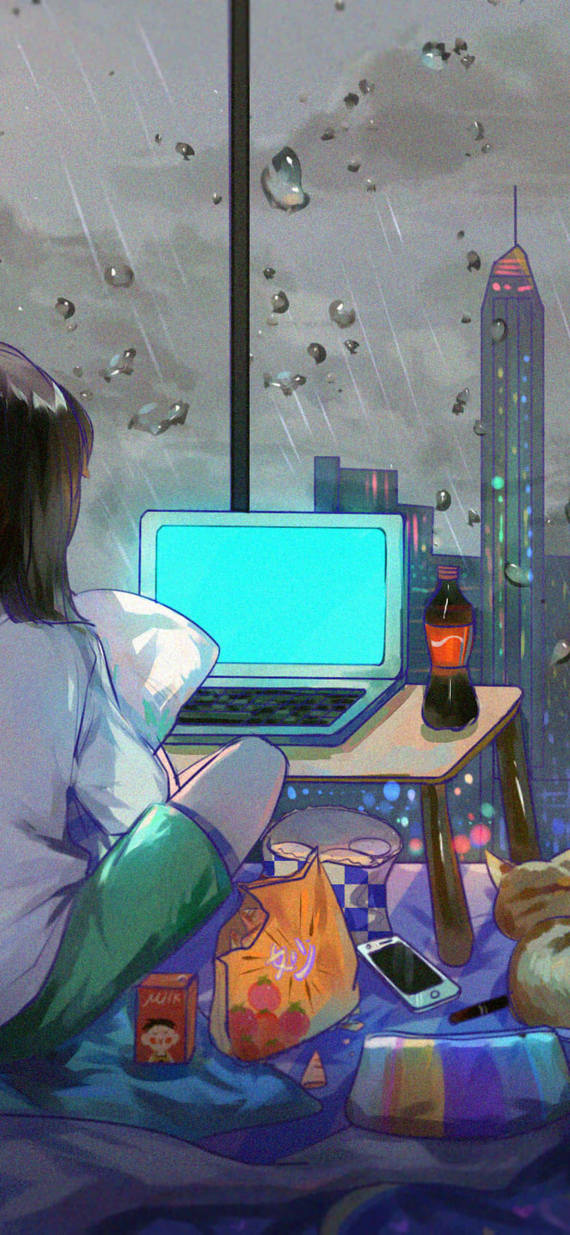 Büyüleyici Anime Odası ve Panoramik Şehir Manzarası Duvar Kağıdı