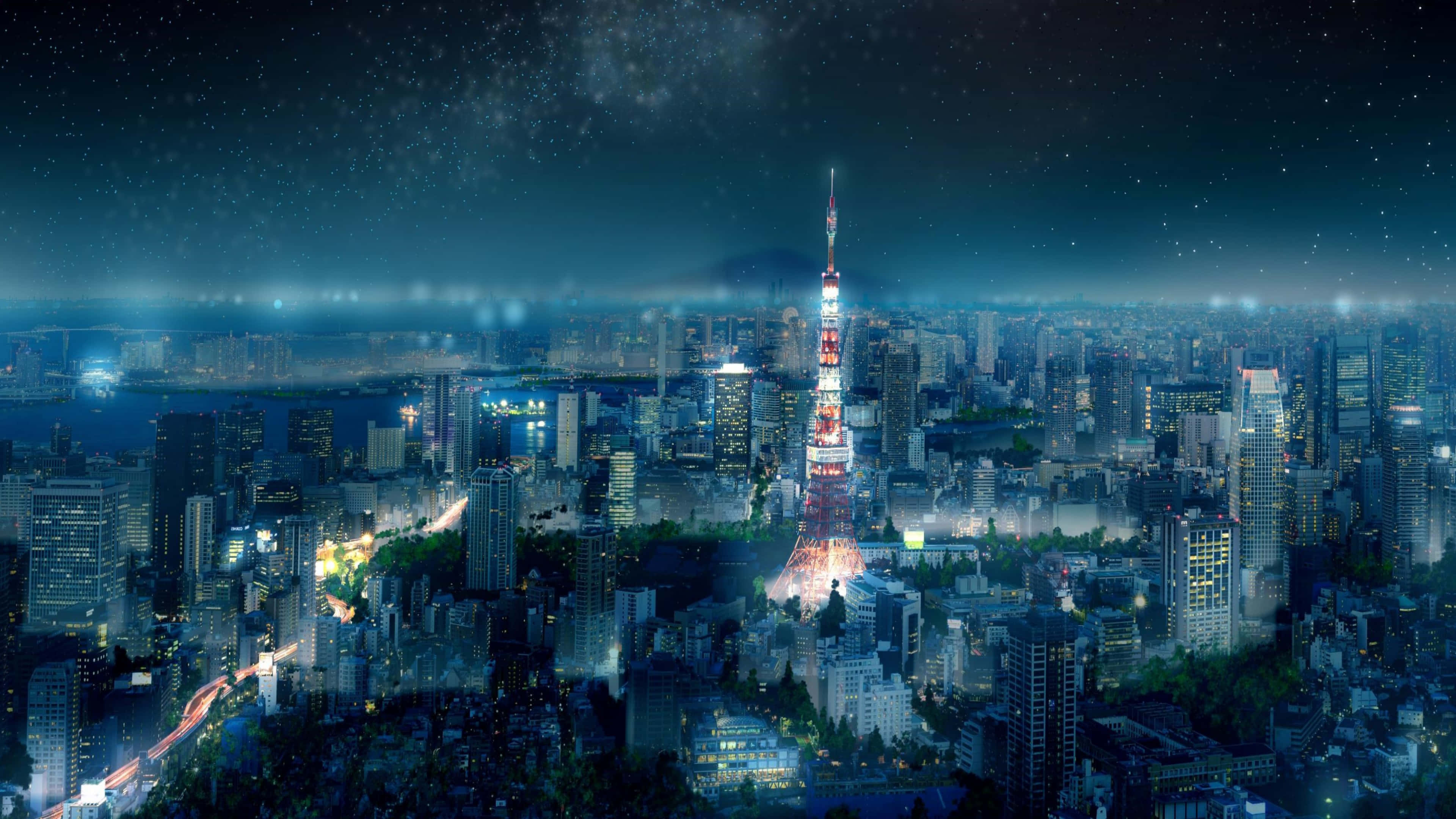Büyüleyici bir anime dokunuşuyla Tokyo silüetinin gece manzarası Duvar Kağıdı