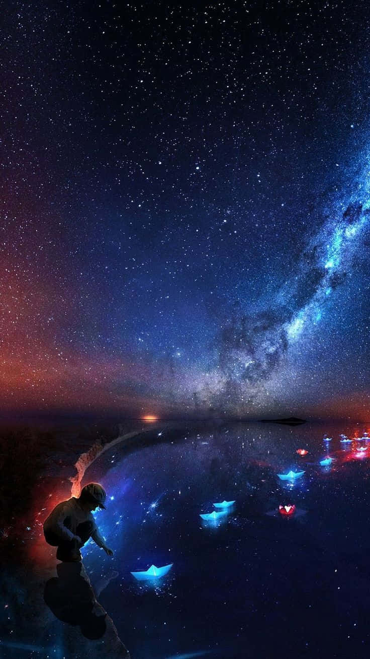 Büyülü Gece Gökyüzünde Kağıt Teknelerle Oynayan Çocuk Duvar Kağıdı