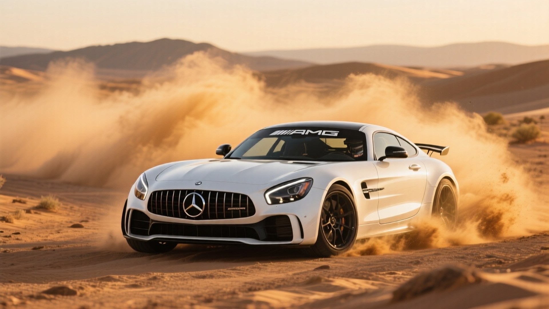 Beyaz Mercedes-AMG GT R, altın saatte çölde drift yapıyor