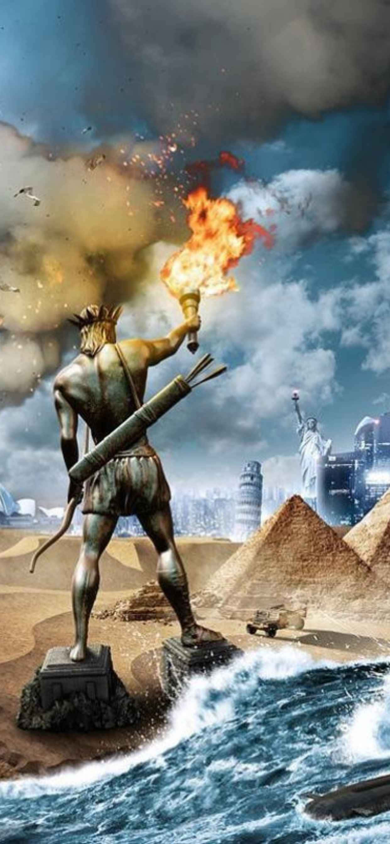 çölde meşale tutan bir adam heykeli Duvar Kağıdı