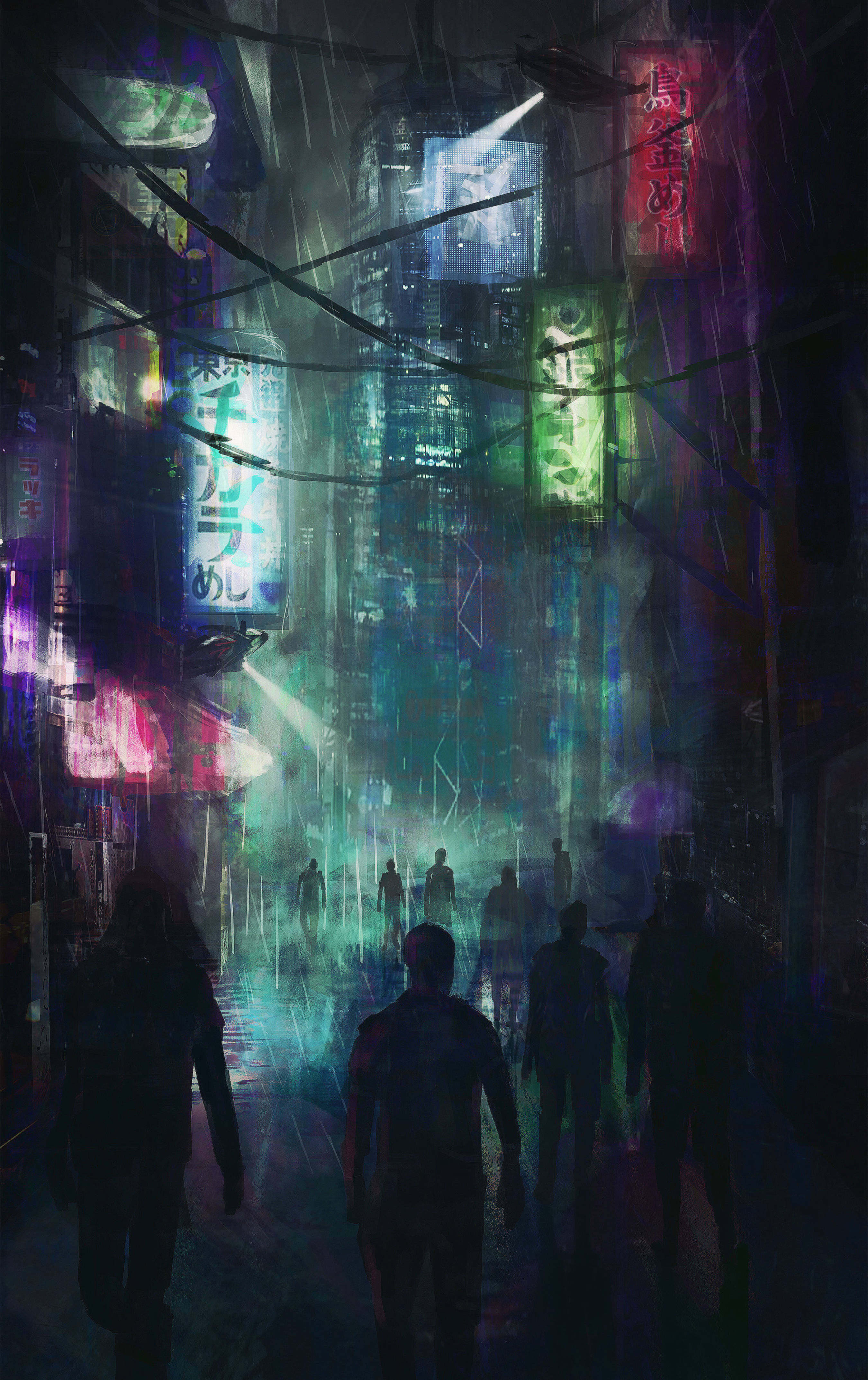Cyberpunk Şehir Kalabalık Sokaklar Duvar Kağıdı