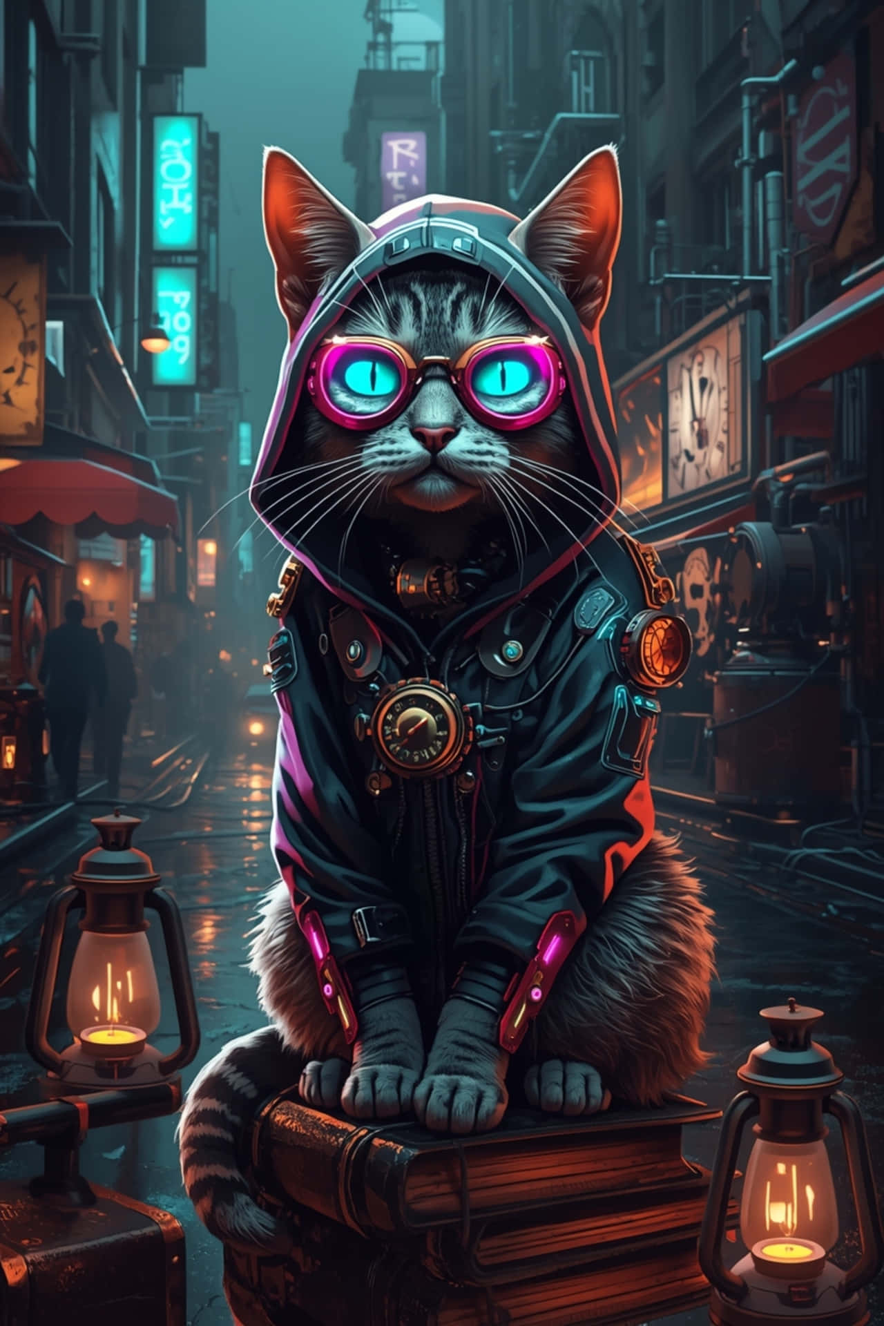 Cyberpunk Steampunk Kedi Neon Gözlük ve Kapüşonlu Teknoloji Duvar Kağıdı