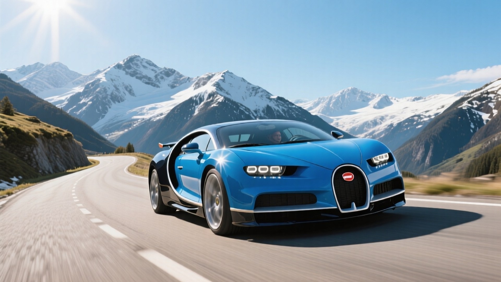Virajlı dağ yolunda mavi Bugatti Chiron