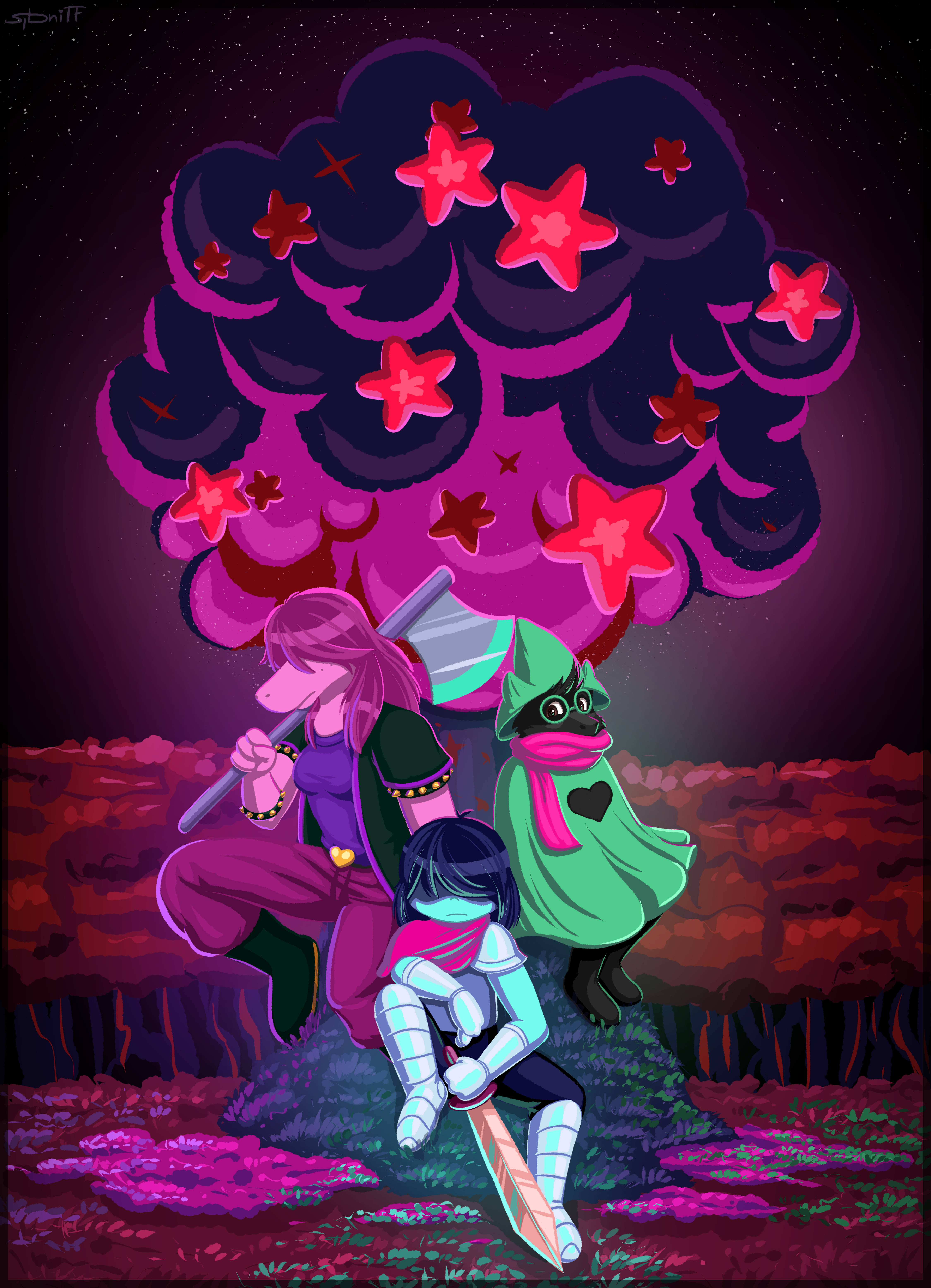 Deltarune'dan Kris, Susie ve Ralsei bir gece gökyüzünde Duvar Kağıdı